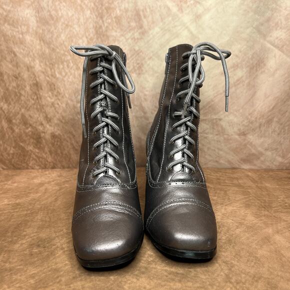 AJ Valenci Victorian Style Lace Up Heeled Boots Gray Leather Steampunk Gothic - Picture 11 of 13